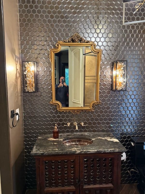 Gallery photos for Elegant Bathroom Transformation with Dark Hexagonal Tiles: Image #1